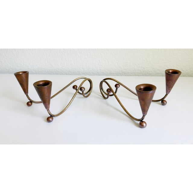 Mid-Century Modern 1960s Los Castillos-Style Modernist Brass & Copper Candle Holders - A Pair For Sale - Image 3 of 12