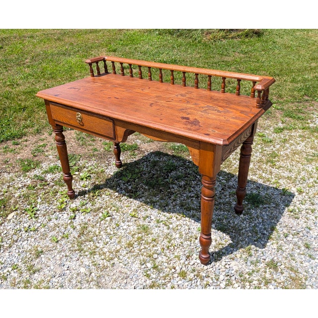 Antique Railroad Depot Desk With Spindle Gallery Cherry and Ash Wood 1900s For Sale - Image 4 of 17