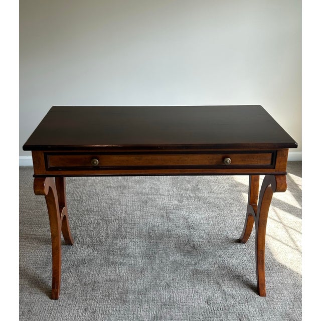 Neoclassical Late 20th Century Baker Milling Road Neoclassical Single Drawer Writing Desk With C-Scroll Legs For Sale - Image 3 of 10