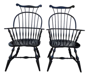 1990s 2 Nichols & Stone Windsor Armchairs Bow Comb Back Saddle Seat Distressed Country