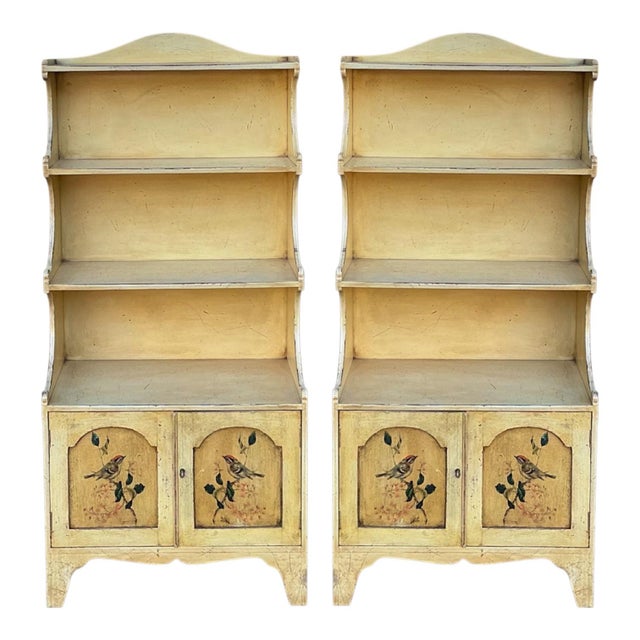 This is a pair of diminutive Victorian style hand painted bookcases. They are painted in a distressed butter yellow. The...