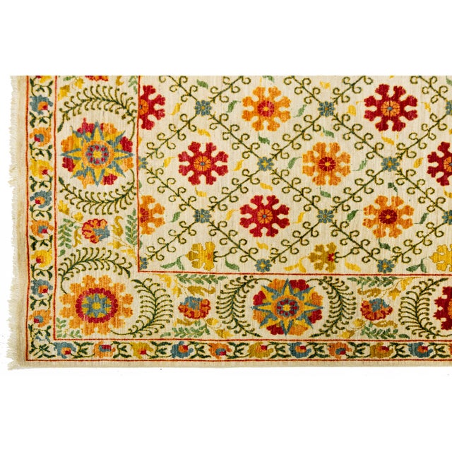 Textile Contemporary Hand-Knotted Wool Suzani Style Area Rug With Floral Trellis Pattern For Sale - Image 7 of 12