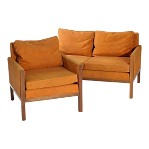 Mid 20th Century Danish Modern Thomasville Walnut & Faux Leather Sofa & Chair Set- 2 Pieces