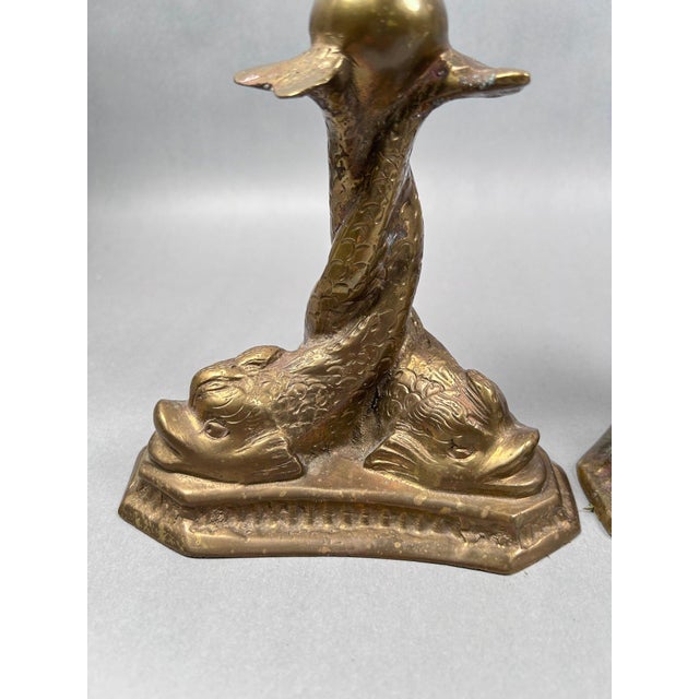 Mottahedeh 1920s Pair of Mottahedeh Brass Serpentine Dolphin Koi Fish Candlestick Holders For Sale - Image 4 of 6