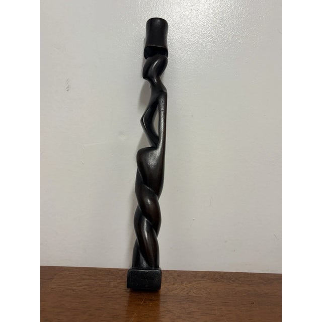 1990s Vintage Hand-Carved Dark Wood Figural Candlestick, 12 Inch For Sale - Image 5 of 10