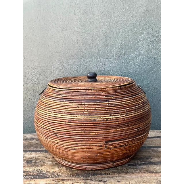 Wood Vintage Pencil Reed Lidded Basket For Sale - Image 7 of 12