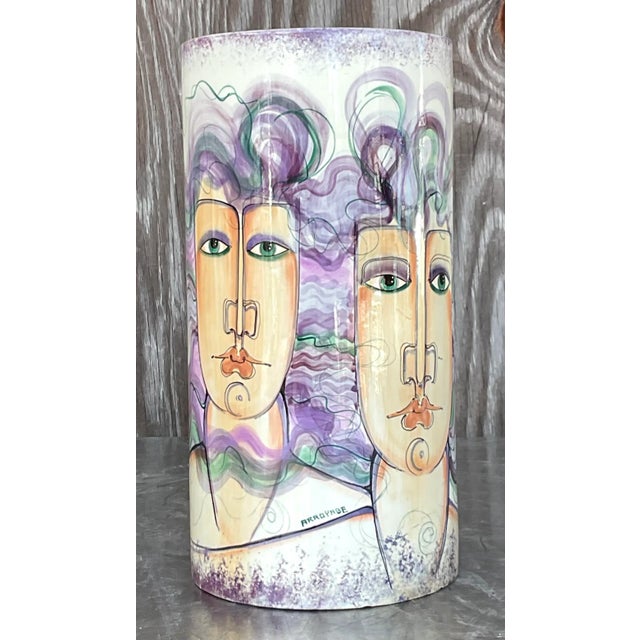 Boho Chic Vintage 1980s Hand Painted Ceramic Vase For Sale - Image 3 of 7