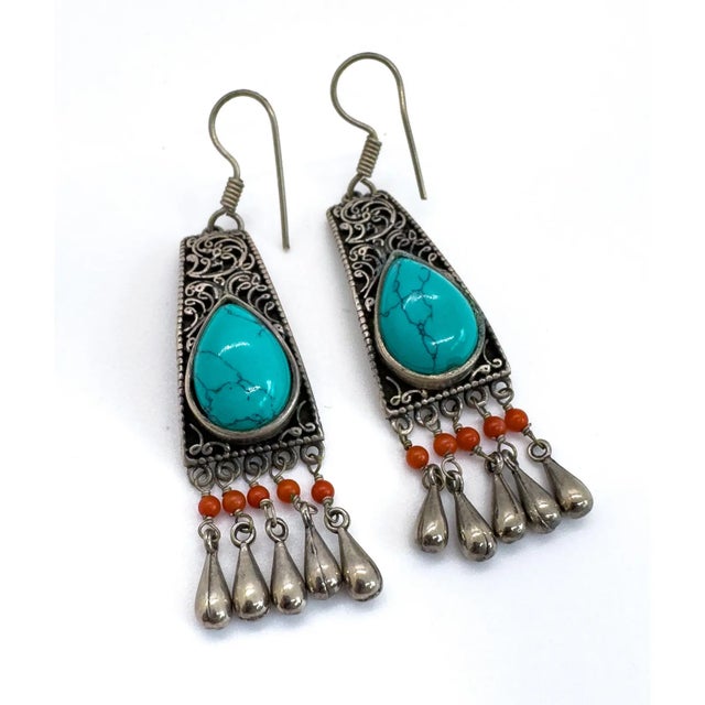 Vintage Moroccan Tribal Turquoise & Coral Jewelry Set, Cuff , Ring , Pair of Earrings (4 PCS For Sale - Image 10 of 12