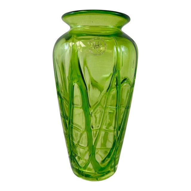 Hand Blown Green Applied Glass Vase W/ Label by Margie’s Garden For Sale