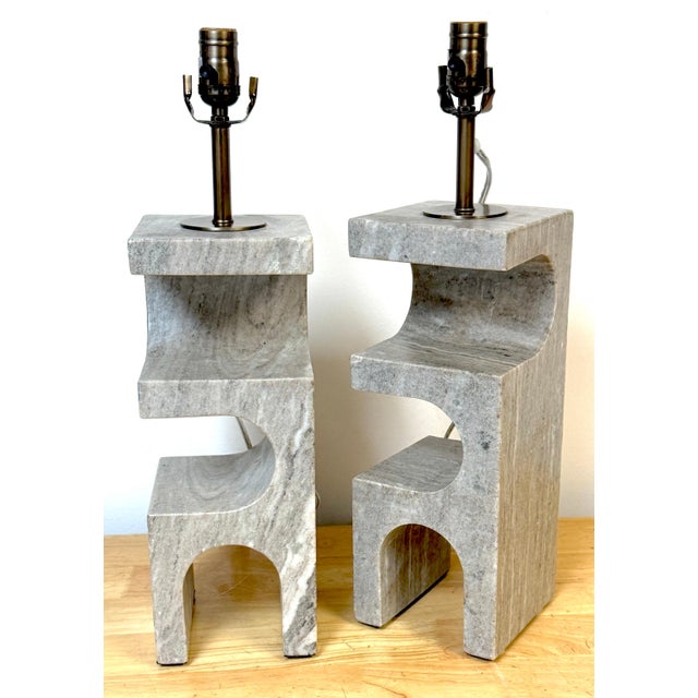 Late 20th Century 1980s Italian Sculptural Gray Marble Architectural Table Lamps - a Pair For Sale - Image 5 of 16