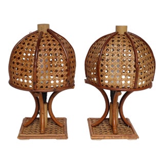 Vintage Italian Modern Rattan and Bamboo Decorator Table / Bedside Lamps - a Pair For Sale