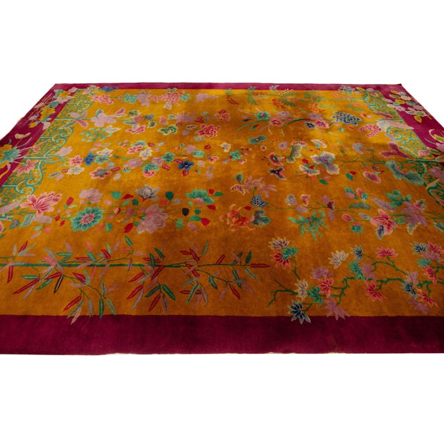 Art Deco Antique Designed Art Deco Chinese Wool Rug Handmade in Goldenrod Color For Sale - Image 3 of 10