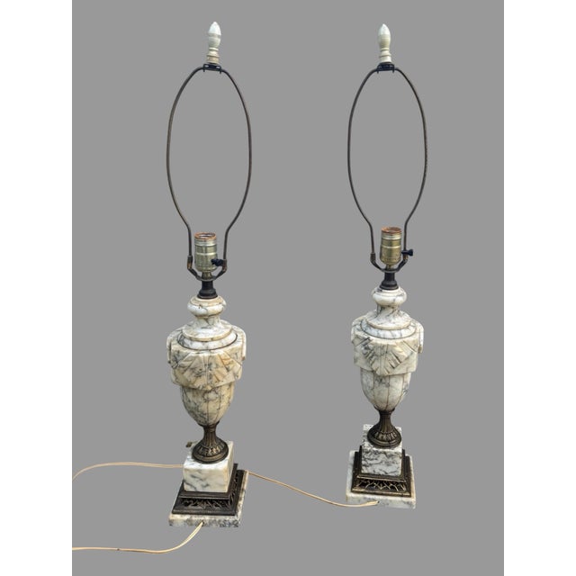 Vintage Carved Marble Alabaster Urn Table Lamps Neoclassical Hollywood Regency - a Pair For Sale - Image 6 of 8