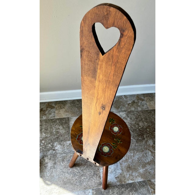 Vintage European Folk Art Hand-Painted Pine Stabelle Chair With Heart Cutout For Sale - Image 10 of 18
