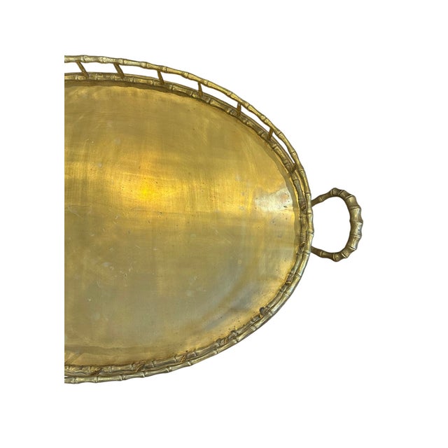 Vintage Brass Faux Bamboo Oval Tray / Drinks / Side / Accent Table With Folding Stand, in the Manner of Maison Baguès For Sale - Image 9 of 10