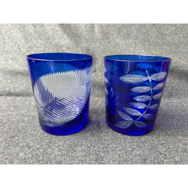 Mid 20th Century Bohemia Cut to Clear Cobalt Etched Tumblers Glasses a Pair For Sale - Image 13 of 15