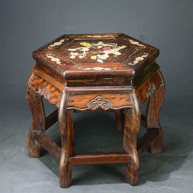 Chinese Vintage Chinese Huali Rosewood Hexagonal Stool | Mother-of-Pearl Inlaid Bird & Flower Motif For Sale - Image 3 of 9