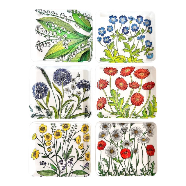 Vintage Italian Botanical Garden Trinket Trays, Spring Wildflower Catchalls – Set of 6 For Sale