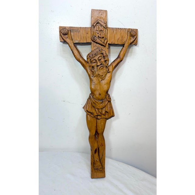 Big Vintage Hand Carved Wood Folk Art Religious Jesus Crucified Cross Sculpture For Sale - Image 10 of 15