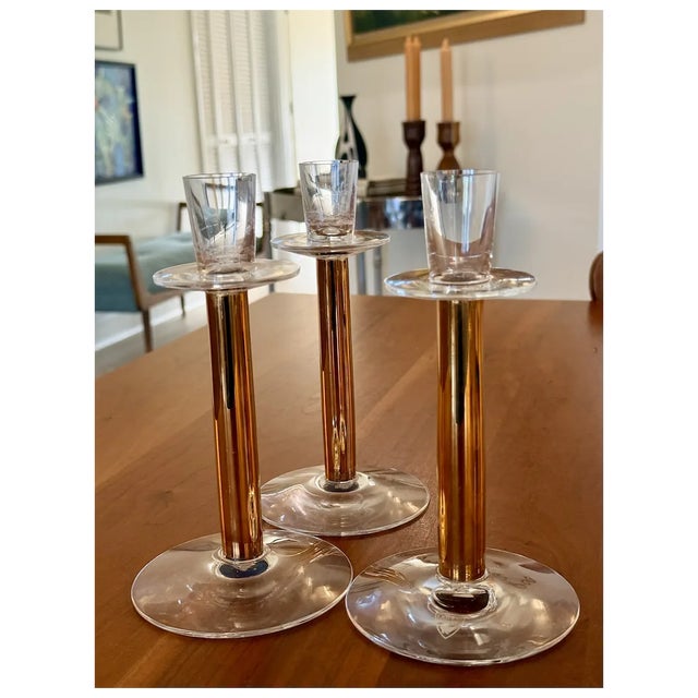 Mid-Century Modern 1990s Orrefors Nobel Crystal Candlesticks Set of 3 Gunnar Cyrén Sweden For Sale - Image 3 of 9