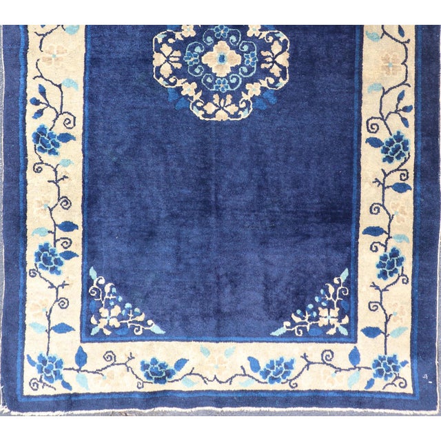 Antique Chinese Peking Carpet in Dark Blue Background 4' X 6'8 For Sale In Atlanta - Image 6 of 14