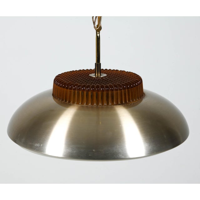 Mid-Century Modern 1970s Danish Modern Brushed Aluminum & Amber Glass Saucer Pendant For Sale - Image 3 of 7