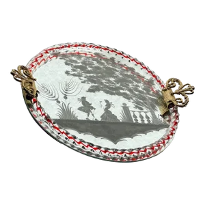 Hollywood Regency 1950 Murano Venini Mirrored Vanity Tray Twisted Ruby Glass Rope Etched Scene