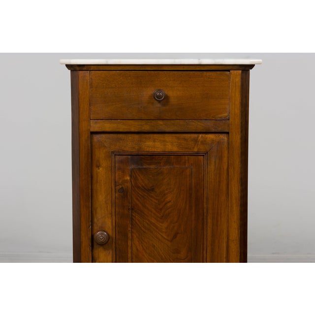 Brown Antique French Louis Philippe Style Walnut Nightstands W/ Carrara Marble - A Pair For Sale - Image 8 of 18