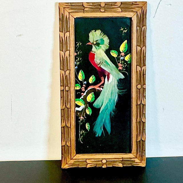 1950s Vintage Mexican Folk Art Original Feather Bird Mixed Media Painting. For Sale - Image 9 of 10