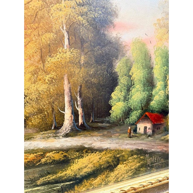 An incredible landscape oil on canvas featuring a cozy house nestled in a lush forest beside a calm lake. Packed with rich...
