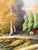 An incredible landscape oil on canvas featuring a cozy house nestled in a lush forest beside a calm lake. Packed with rich...