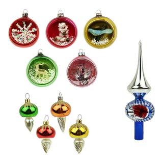 Late 20th Century Blown Glass Christmas Ornaments and a Tree Topper- 10 Pieces For Sale