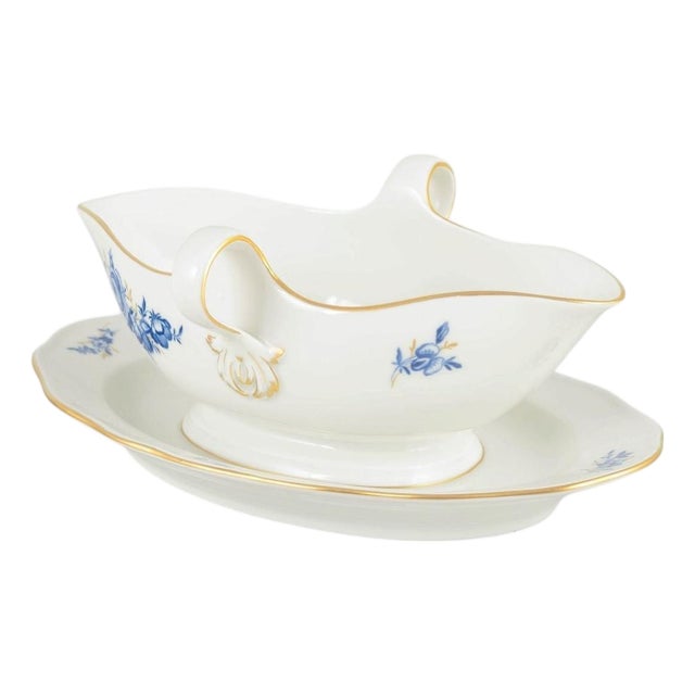 Porcelain Sauce Boat with Blue Floral Motifs and Gilt Accents by Meissen, Germany For Sale
