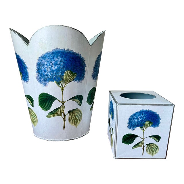 Tole Decoupage Hydrangea Wastebasket & Tissue BoxMarye Kelley Chairish