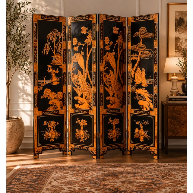 Bring instant drama and craftsmanship to any space with this hand-painted chinoiserie room divider. Likely dating to the...