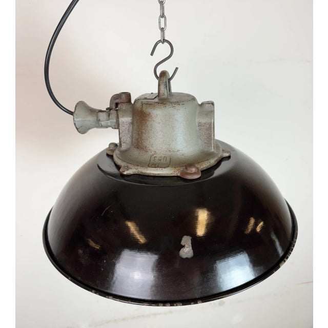 Black Enamel and Cast Iron Industrial Cage Pendant Light from Elektrosvit, 1960s For Sale - Image 12 of 18