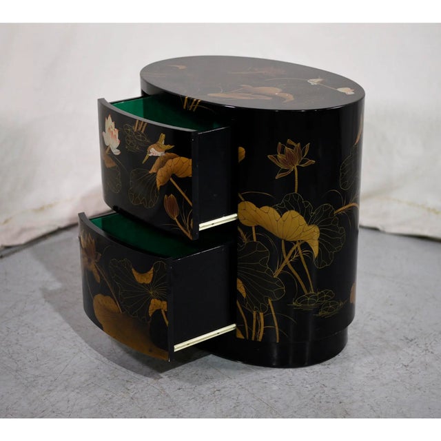 1970s 1970s Vintage Chinoiserie Oval 2 Drawer Chest With Birds & Lotus For Sale - Image 5 of 9