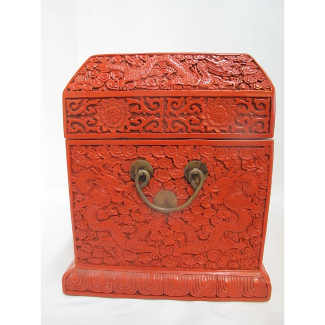 Large Chinese Cinnabar Lacquer Heavily Carved Dragon Motif Wood Box Chest For Sale - Image 4 of 16