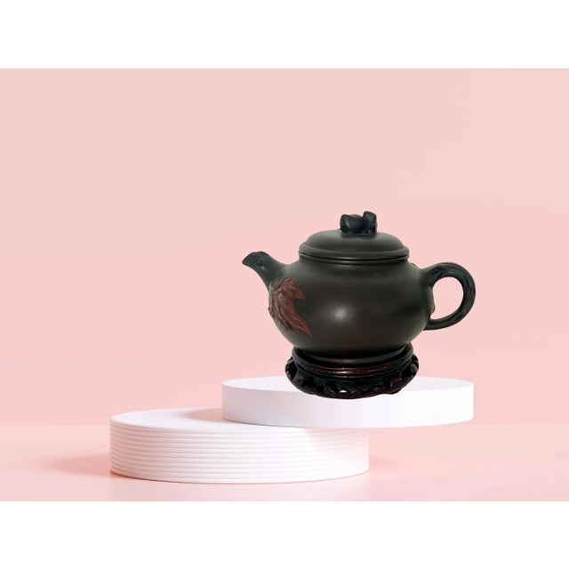 Ceramic Mid 20th Century Lucky Peach Yixing Zisha Chinese Unglazed Red Leaf Tea Pot With Twig Handle on Carved Wood Stand For Sale - Image 7 of 10