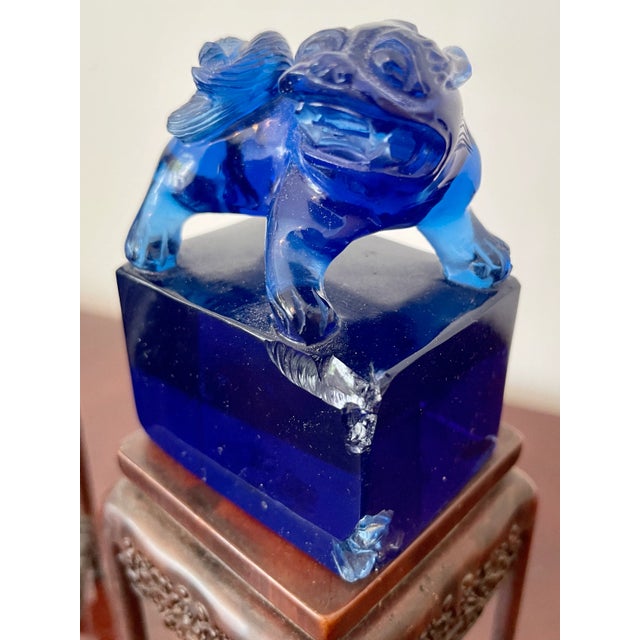 Blue Small Blue Glass Foo Dogs on a Base - a Pair For Sale - Image 8 of 11