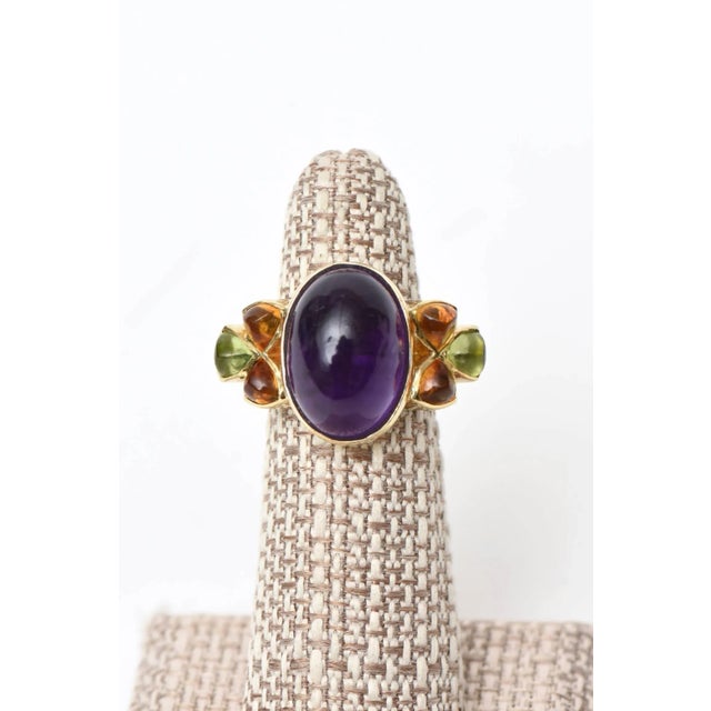 Metal Vintage 14 Karat Yellow Gold, Amethyst, Citrine and Peridot Cocktail Ring Size 6.5 For Sale - Image 7 of 8