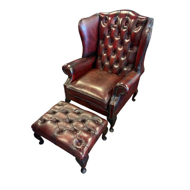 Animal Skin English Chesterfield Wingback Chair with Ottoman, Set of 2 For Sale - Image 7 of 7