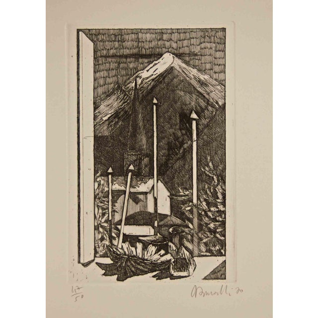 Armando Buratti, Val d'Aosta Landscape, Etching, 1970 For Sale
