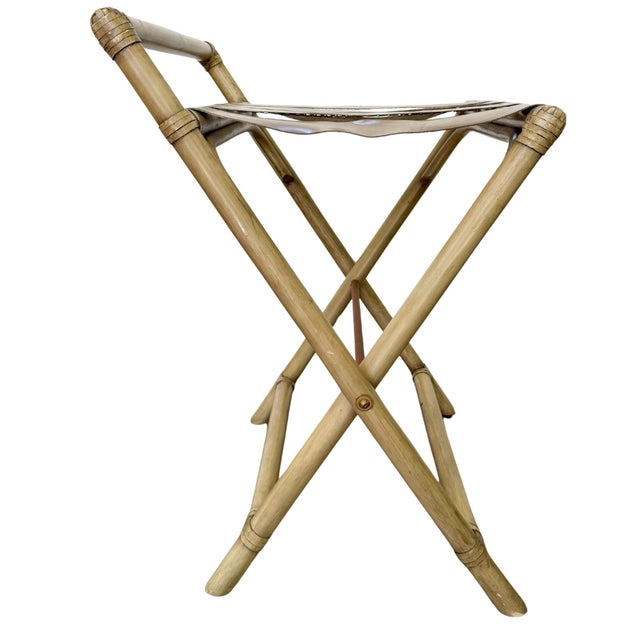 Vintage Mid-Century Faux Bamboo & Faux Leather Folding Luggage Rack For Sale - Image 4 of 13
