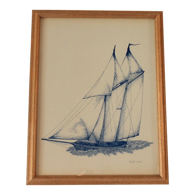 Vintage Framed Sailboat Lithograph 1980's For Sale