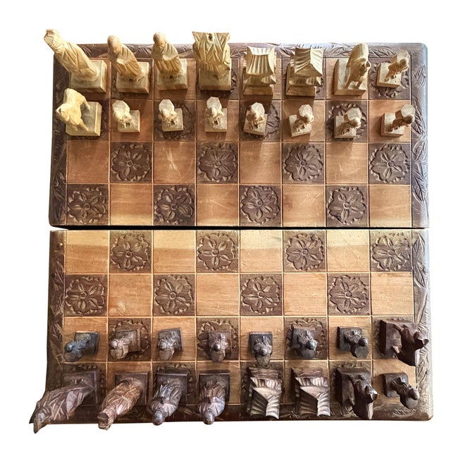 Vintage Chinese Hand-Carved Wood Figural Chess Set With Folding Game Board For Sale - Image 4 of 13