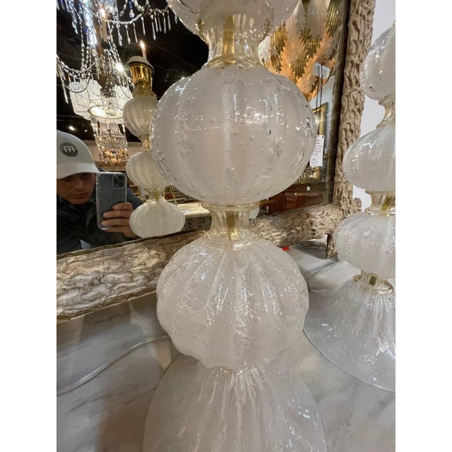 White 2000s Murano Frosted Silk Glass Ball Form Lamps - a Pair For Sale - Image 8 of 9