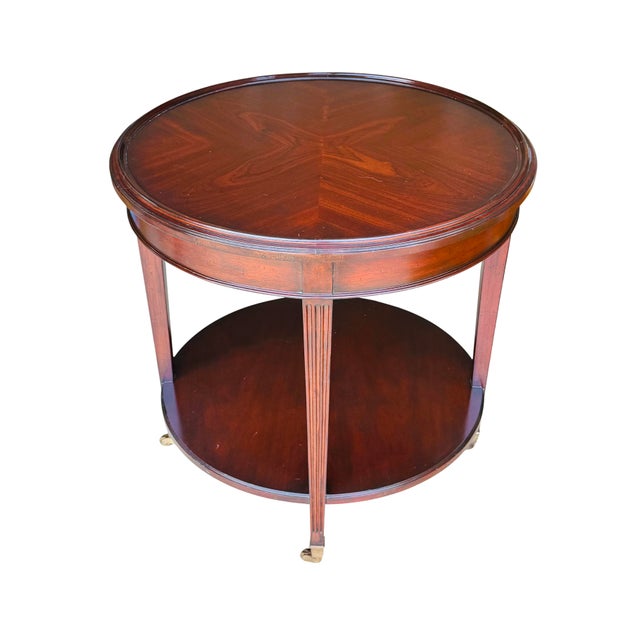 Brown Vintage Mahogany Two-Tier Side Table | Bookmatched Starburst Top | Fluted Legs | Brass Caster Feet For Sale - Image 8 of 11