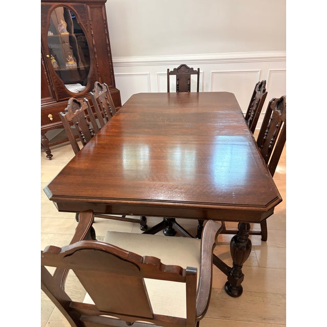 Brown Jacobean 1920s Walnut Dining Set Table and 6 Chairs For Sale - Image 8 of 12