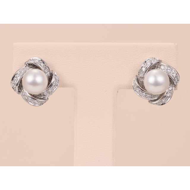 The Beach Plum: White Gold Pearl and Diamond Ear Clips, 2 Pieces For Sale - Image 4 of 11